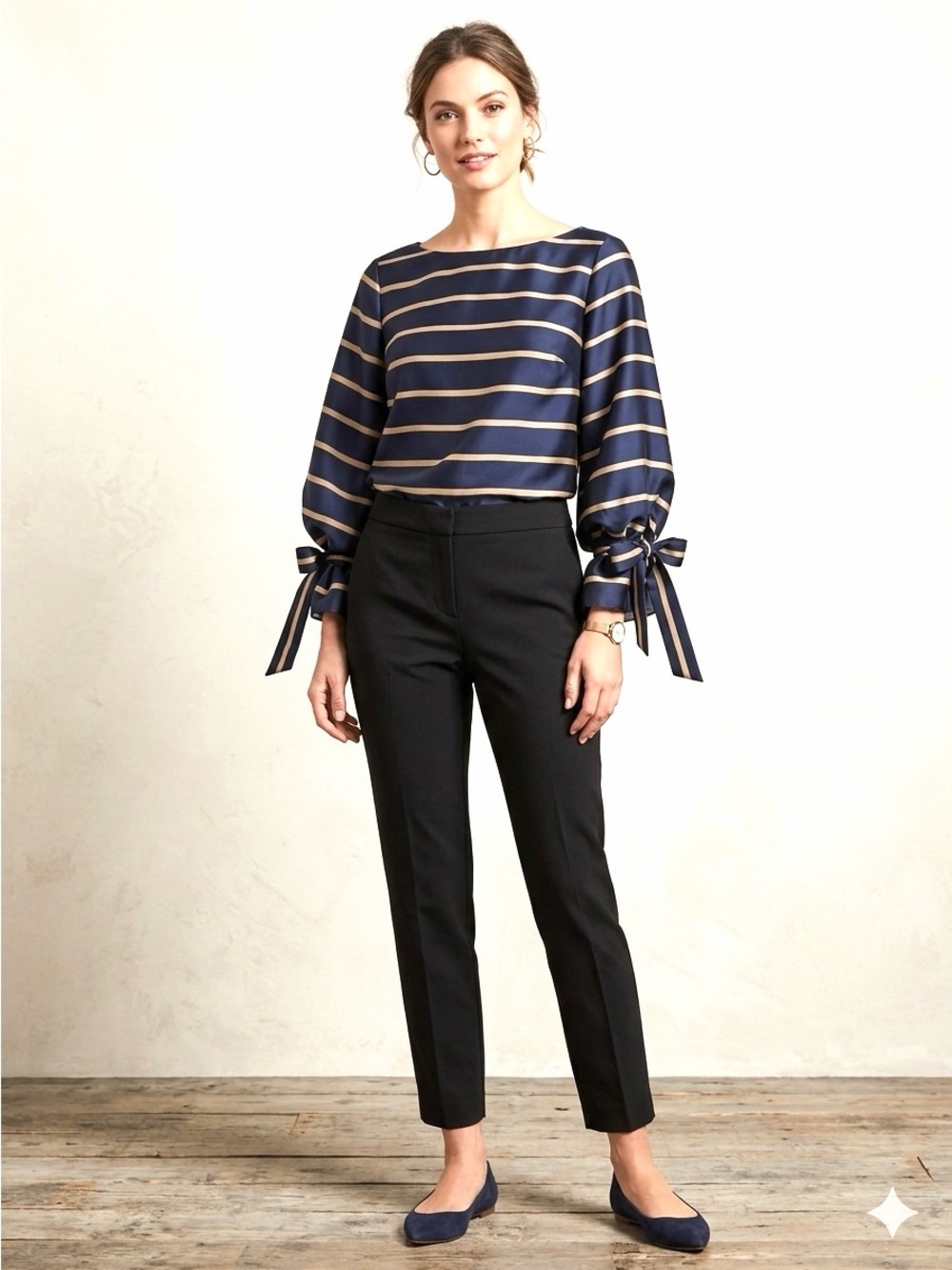 Banana Republic Navy Gold Striped Boatneck Blouse Tie Cuff Long Sleeve Office SM